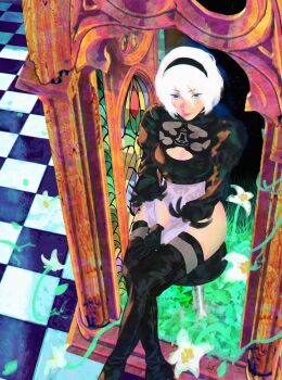 1girl 2b_(nier:automata) black_hairband black_thighhighs blue_eyes boots breasts checkered_background cleavage_cutout clothing_cutout commentary crossed_knees english_commentary feather-trimmed_sleeves feather_trim flower from_above gloves grass hairband highleg highleg_leotard highres jetstream012 juliet_sleeves leotard long_sleeves looking_at_viewer mole mole_under_mouth nier:automata nier_(series) no_blindfold on_stool puffy_sleeves scenery short_hair sitting sky solo stained_glass star_(sky) starry_sky stool thighhighs thighhighs_under_boots white_hair white_leotard