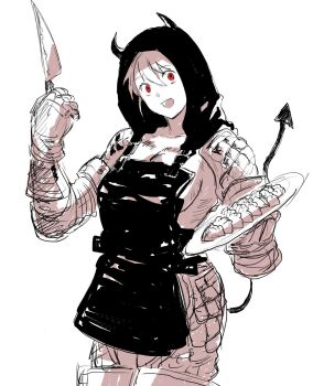 1girl abuku apron breasts demon devil dorohedoro food gyoza head_tilt hood horns knife large_breasts nikaidou_(dorohedoro) red_eyes sideboob solo tail