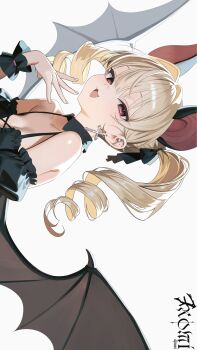 1girl :3 absurdres animal_ears artist_logo artist_name barbell_piercing bare_shoulders bat_ears bat_girl bat_wings black_dress black_ribbon blonde_hair breasts chiromi cleavage cross cross_earrings detached_collar dress drill_hair ear_piercing earrings fang frilled_wristband hair_intakes hair_ribbon hashtag-only_commentary highres industrial_piercing jewelry logo looking_at_viewer medium_hair open_mouth original piercing red_eyes ribbon sideways simple_background solo swept_bangs twin_drills white_background wings