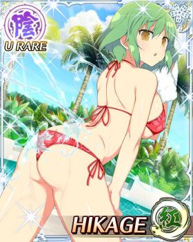 Rule 34 | 1girl, :o, ass, bikini, border, breasts, butt crack, card (medium), character name, day, from behind, game cg, green hair, hand on own thigh, hikage (senran kagura), large breasts, leaning forward, looking at viewer, looking back, medium hair, official art, palm tree, poolside, red bikini, senran kagura, senran kagura new wave, side-tie bikini bottom, sideboob, slit pupils, solo, splashing, sunlight, swimsuit, third-party source, tree, water, water stream, yellow eyes