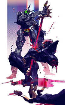 2boys absurdres antennae armor artificial_eye belt bleeding blood blood_splatter bloody_weapon boots brain colored_sclera company_connection compound_eyes cyborg destruction dismemberment gloves glowing glowing_eyes green_eyes gun gun_to_head guro hakaider handgun helmet highres holding holding_gun holding_sword holding_weapon impaled inaki_shinrou injury joints kamen_rider kamen_rider_black_(series) kamen_rider_black_rx_(series) kikaider_(series) kingstone looking_at_viewer male_focus mechanical_arms mechanical_hands mechanical_legs multiple_boys mutilation red_eyes red_sclera revolver rider_belt robot robot_joints satan_saber science_fiction severed_arm severed_limb shadow_charger shadow_moon silver_armor silver_bodysuit stab standing sword tokusatsu violence weapon