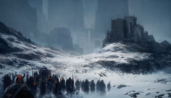 andreas_rocha artist_name building cage castle commentary dated english_commentary fake_horns fog from_behind helmet highres holding holding_polearm holding_weapon horned_helmet horns landscape medieval mountain original outdoors painterly people polearm scenery snow viking walking weapon