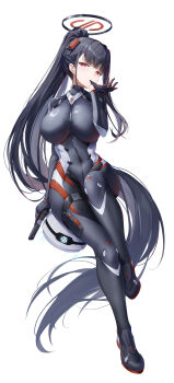 1girl absurdres black_bodysuit black_hair black_halo blue_archive bodysuit breasts bright_pupils halo highres large_breasts multicolored_halo official_alternate_costume ponytail red_eyes ringed_eyes rio_(blue_archive) rio_(bodysuit)_(blue_archive) solo two-tone_halo white_pupils xfate