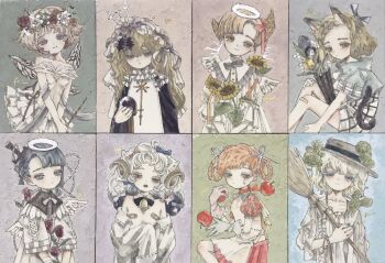 6+girls acrylic_paint_(medium) angel angel_wings animal_ears apple apron bandages bandaid bare_shoulders bell blonde_hair blue_eyes blue_hair blunt_bangs blush bouquet bow bowtie bracelet braid broom brown_eyes cactus cat_ears choker closed_mouth coat covered_erect_nipples cross curly_hair dress elf expressionless fairy fantasy feet_out_of_frame flower food frills from_side fruit gloves grey_background hair_between_eyes hair_bow hair_flower hair_ornament hair_ribbon halo hat head_wreath highres holding holding_broom holding_staff horns jewelry karintoun loli long_hair long_sleeves looking_at_viewer looking_down medium_hair multiple_girls nipples off-shoulder_coat off_shoulder open_mouth orange_hair original outdoors painting_(medium) pale_skin parted_bangs parted_lips pastel_colors pink_background plaid_clothes plaid_skirt pointy_ears purple_bow purple_eyes red_dress red_flower red_rose ribbon robe rose sad scar scissors short_hair sidelocks signature simple_background sitting skirt smile staff standing straight-on straw_hat sunflower sword tail tears traditional_media upper_body veil watercolor_(medium) wavy_hair weapon white_background white_dress white_hair wings