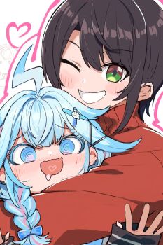 2girls ahoge black_hair blue_eyes blue_hair blush braid breasts heart highres hololive hololive_dev_is jacket kusanagi_kaoru looking_at_viewer mizumiya_su multicolored_hair multiple_girls oozora_subaru pink_hair short_hair smile streaked_hair twin_braids virtual_youtuber