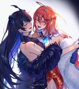 2girls absurdres ahoge alternate_costume arm_around_shoulder asymmetrical_horns black_hair blue_dress blue_fire blue_gloves blue_hair blue_shawl breasts cleavage closed_eyes colored_inner_hair commentary dancing double-parted_bangs dress elizabeth_rose_bloodflame evening_gown fire fire_on_chest flower fur_shawl gloves hair_between_eyes halter_dress halterneck highres holding_hands hololive hololive_english horn_flower horns huge_ahoge keisea large_breasts leotard long_hair mole mole_under_eye multicolored_hair multiple_girls nerissa_ravencroft open_mouth parted_lips red_dress red_hair see-through_cleavage see-through_clothes shawl side_slit sidelocks single_hair_intake sleeveless sleeveless_dress smile strapless strapless_leotard uneven_horns very_long_hair virtual_youtuber white_shawl yuri