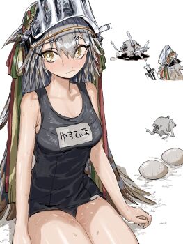 1girl alternate_costume arknights bare_shoulders bird_girl blush bow_(weapon) breasts bright_pupils character_name collarbone crossbow egg eyelashes fartooth_(arknights) feather_hair feet_out_of_frame frown full-face_blush grey_hair highres holding holding_crossbow holding_weapon invisible_chair large_breasts liquid long_hair looking_at_viewer monster multiple_views name_tag orrdriver raised_eyebrows school_swimsuit sideways_glance sitting solo_focus sweat swimsuit thick_eyebrows thighs visor_(armor) weapon white_background white_pupils yellow_eyes