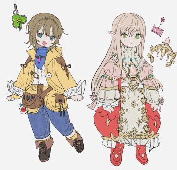 2girls :&lt; :d absurdres alternate_hairstyle blue_pants blue_scarf bright_pupils brown_hair brown_shoes charm_(object) clover commentary_request crown denim dress final_fantasy final_fantasy_xiv fingerless_gloves frilled_sleeves frills full_body gem gloves gold_trim green_eyes grey_background highres jacket korean_commentary krile_baldesion_(ff14) lalafell long_hair long_sidelocks long_sleeves looking_at_viewer medium_hair multicolored_dress multiple_girls nanamo_ul_namo o-ring open_mouth pants pink_dress pink_gemstone pink_hair pink_ribbon pocket pointy_ears red_dress red_shoes ribbon ribbon_trim scarf shirt shoes sidelocks single_fingerless_glove single_glove slit_pupils smile socks tiara waist_bag white_dress white_pupils white_shirt x_ggi yellow_gloves yellow_jacket yellow_socks