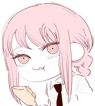 1girl chainsaw_man chibi chibi_only collared_shirt corn_dog deer60868637 eating limited_palette makima_(chainsaw_man) necktie open_mouth pink_hair ringed_eyes shirt sidelocks solo yellow_eyes