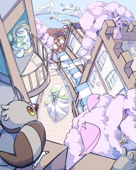 Rule 34 | 6+others, ayaka 488, balcony, bird, blue skin, boat, bob cut, chair, cloud, colored skin, commentary, dress, espeon, gardevoir, gen 2 pokemon, gen 3 pokemon, gen 5 pokemon, green hair, green skin, grey fur, highres, minccino, multicolored skin, multiple others, nintendo, ocean, on chair, petals, pidove, pink eyes, pink petals, pokemon, pokemon (creature), purple fur, quagsire, sitting, substitute (pokemon), town, two-tone skin, untranslatable commentary, watercraft, white dress, white skin, wingull