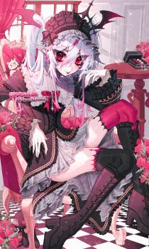 1girl armchair black_boots black_dress black_headdress black_thighhighs boots chair commentary commission double-parted_bangs dress ear_piercing english_commentary flower full_body gradient_hair grey_hair hair_between_eyes hair_ornament hand_up headdress hello7692 highres indie_virtual_youtuber indoors knee_boots long_hair long_sleeves looking_at_viewer minerva_laurent mismatched_thighhighs multicolored_hair piercing pointy_ears red_eyes red_flower red_rose red_thighhighs rose sitting solo thighhighs tongue tongue_out virtual_youtuber