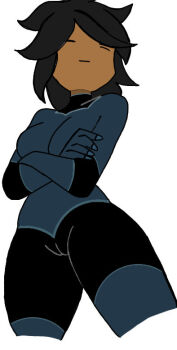 =_= black_hair bodysuit breasts cameltoe cropped_legs crossed_arms dark_skin ellen_(supa_strikas) medium_breasts non-web_source short_hair simple_background source_request supa_strikas tagme