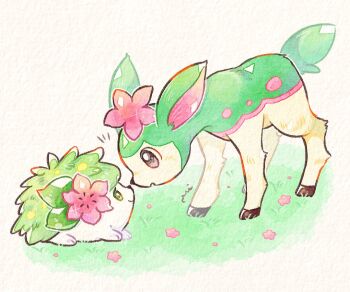Rule 34 | alternate color, brown eyes, commentary request, deer, deerling, flower, gen 4 pokemon, gen 5 pokemon, grass, green eyes, hedgehog, legendary pokemon, looking down, looking up, lying, miketoevecan, mythical pokemon, nintendo, no humans, open mouth, pokemon, pokemon (creature), pokemon focus, shaymin, shaymin (land)