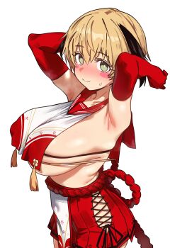 1girl absurdres alternate_breast_size_(larger) armpits black_hair blonde_hair blush blush_stickers breast_curtain breasts closed_mouth covered_erect_nipples cropped_shirt cross-laced_clothes ebora elbow_gloves fate/grand_order fate_(series) from_behind gareth_(fate) gloves green_eyes hair_flaps highres huge_breasts looking_at_viewer red_gloves red_sailor_collar red_skirt revealing_clothes sailor_collar short_hair side_slit sideboob skirt solo