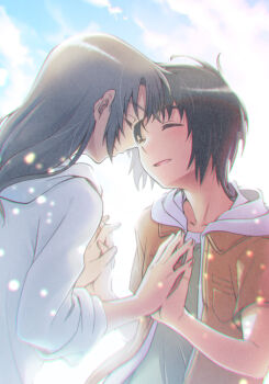 Rule 34 | 2boys, :d, black hair, blurry, brown hair, closed eyes, commentary request, depth of field, facing another, forehead-to-forehead, happy, heads together, holding hands, hood, hood down, hooded jacket, jacket, light particles, long hair, makabe kazuki, male focus, minashiro soushi, multiple boys, nagi (exsit00), open clothes, open jacket, open mouth, scar, scar on hand, shirt, short hair, smile, soukyuu no fafner, upper body