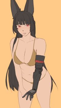 1girl animal_ears bikini black_hair fox_ears hoshimi_miyabi kalruna mechanical_arms single_mechanical_arm swimsuit yellow_bikini zenless_zone_zero