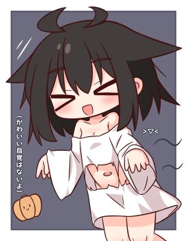 &gt;_&lt; 1girl :d bare_shoulders black_hair blush border breasts cleavage closed_eyes collarbone commentary_request cowboy_shot grey_background hana_kazari highres long_sleeves navel no_pants open_mouth original outside_border shirt short_hair simple_background smile solo torn_clothes torn_shirt translation_request white_border white_shirt xd