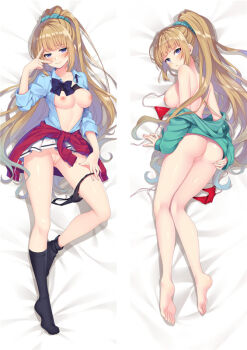 1girl advanced_nurturing_high_school_uniform aqua_scrunchie ass barefoot bed_sheet bikini bikini_pull black_bow black_bowtie black_panties black_socks blonde_hair blue_eyes blue_jacket blue_shirt blunt_bangs bow bowtie breasts censored clothes_around_waist clothes_pull collared_shirt commentary_request dakimakura_(medium) from_above full_body hair_ornament hair_scrunchie hand_on_own_ass jacket jacket_around_waist karuizawa_kei kneehighs long_hair long_sleeves looking_at_viewer lying medium_breasts moeanime mosaic_censoring multiple_views nipples no_shoes off_shoulder on_back open_clothes open_shirt panties panties_around_leg partially_unzipped ponytail pussy red_bikini red_jacket school_uniform scrunchie shirt sideboob smile socks string_bikini swimsuit underwear untied_bikini v v_over_eye youkoso_jitsuryoku_shijou_shugi_no_kyoushitsu_e