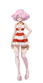 1girl anime_coloring belt belt_pouch black_choker boots breasts choker collarbone covered_navel dr._stone dress frills full_body hair_ornament hair_over_one_eye halter_dress halterneck highres iwasa_yuuko lips long_bangs looking_at_viewer luna_wright medium_breasts narrow_waist navel official_art open_mouth parted_lips pink_boots pink_hair platform_boots pouch red_eyes short_hair simple_background sleeveless solo standing star_(symbol) star_hair_ornament striped_clothes striped_dress thigh_boots transparent_background tsurime two-tone_dress