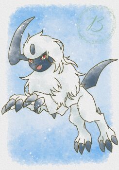 Rule 34 | absol, animal focus, baya (sakura mint), body fur, bright pupils, claws, commentary request, fangs, full body, gen 3 pokemon, highres, horns, neck fur, nintendo, no humans, open mouth, pokemon, pokemon (creature), pokemon focus, red eyes, single horn, solo, tail, white fur, white hair, white pupils