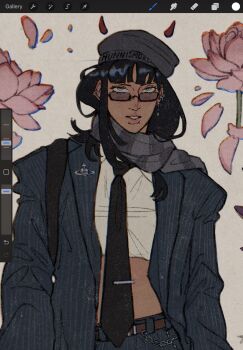 1girl art_program_in_frame black_hair black_necktie blue_eyes blunt_bangs commentary crop_top earrings flower grey_scarf hat highres hunnismokah jewelry necktie nico_robin one_piece parted_lips pink_flower pink_lips scarf shirt solo sunglasses white_shirt