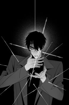 Rule 34 | 1boy, benkdjjituibot, black coat, black hair, black shirt, coat, constricted pupils, curtained hair, film grain, glowing scar, gouged eye, hair over one eye, hand on own neck, highres, impaled, looking at viewer, male focus, multiple scars, omniscient reader's viewpoint, open mouth, scar, scar on hand, shirt, short hair, solo, spread fingers, upper body, yoo joonghyuk