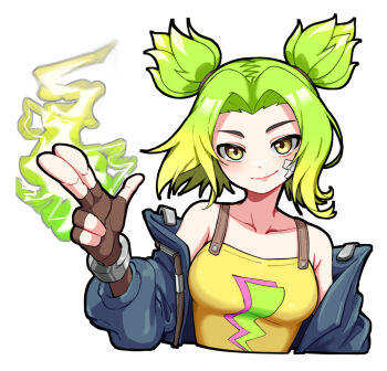 1girl bandaid bandaid_on_face blue_jacket breasts brown_gloves chibi closed_mouth cropped_torso electricity electrokinesis finger_gun fingerless_gloves gloves green_hair jacket league_of_legends lightning_bolt_symbol medium_breasts open_clothes open_jacket parted_bangs short_hair sidelocks simple_background smile solo tank_top twintails user_asne2888 white_background yellow_eyes yellow_tank_top zeri_(league_of_legends)