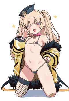 1girl absurdres anchor_ornament azur_lane bache_(azur_lane) bandaid bandaid_on_knee bandaid_on_leg bikini blonde_hair blush choker ebora fang fishnet_thighhighs fishnets flat_chest fur-trimmed_jacket fur_trim hat highres jacket kneeling loli long_hair looking_at_viewer micro_bikini off_shoulder ok_sign purple_eyes side-tie_bikini_bottom single_thighhigh solo sparkle stomach swimsuit thighhighs two_side_up yellow_jacket