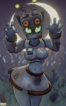 1girl antennae blue_skin blurry borrowed_character breasts claw_pose colored_skin control_panel_overlay crescent_moon fog glowing glowing_eyes grass green_eyes grey_helmet grey_shirt grey_skirt halloween halloween_costume helmet large_breasts long_sleeves looking_at_viewer midriff moon navel night night_sky original robot rust shirt skirt sky soandnb standing torn_clothes torn_shirt torn_skirt tree