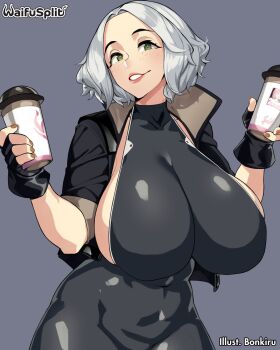 1girl artist_name bodysuit bonkiru breasts coffee_mug cup fingerless_gloves freckles gigantic_breasts gloves green_eyes grey_background grey_hair huge_breasts jacket light_blush miss_hazard mug open_mouth sideboob smile waifusplit