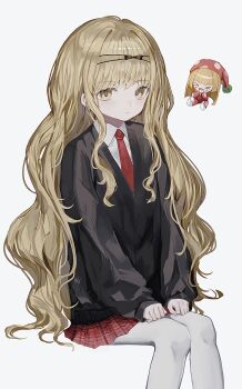 Rule 34 | > <, 2girls, absurdres, black cardigan, blonde hair, cardigan, closed mouth, collared shirt, facial mark, frown, guardian chara, highres, kusu kusu (shugo chara!), long hair, long sleeves, mashiro rima, miniskirt, multiple girls, necktie, pantyhose, plaid clothes, plaid skirt, polka dot headwear, red necktie, red skirt, school uniform, seiyo academy school uniform, shirt, sho (sho oe4), shugo chara!, simple background, sitting, skirt, star (symbol), star facial mark, teardrop facial mark, very long hair, wavy hair, white background, white pantyhose, white shirt, yellow eyes