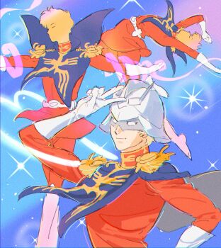 1boy blonde_hair char_aznable commentary_request epaulettes gloves gundam gundam_gquuuuuux helmet henshin highres jacket long_sleeves male_focus mask military_uniform mobile_suit_gundam red_jacket ribbon sailor_moon_pose sailor_senshi short_hair smile tkrkve43 zeon