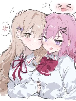 Rule 34 | > <, 2girls, ;t, amaori renako, anger vein, ashigaya high school uniform, blush, bow, bowtie, brown eyes, brown hair, cheek-to-cheek, collared shirt, commentary request, cropped torso, flower, flying sweatdrops, hair flower, hair ornament, hairclip, hand on another's head, hand on another's stomach, heads together, highres, long hair, long sleeves, mesugakisaikou, multiple girls, one eye closed, pink hair, purple eyes, red bow, red bowtie, school uniform, sena ajisai, shirt, small sweatdrop, spoken anger vein, spoken expression, watashi ga koibito ni nareru wake naijan murimuri!, wavy mouth, white shirt, x hair ornament, yuri