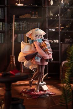 1girl absurdres alternate_costume animal_ears arknights bag bespectacled black-framed_eyewear black_pantyhose blonde_hair blue_hairband blue_scarf blush book book_stack bow closed_mouth commentary_request cyohank figure_(medium) fox_ears fox_girl fox_tail full_body garage_kit_(medium) glasses green_eyes hairband highres holding holding_book jacket kanaefretice kitsune kyuubi long_hair long_sleeves low-tied_sidelocks multiple_tails no_shoes open_clothes open_jacket pantyhose photo_(medium) pink_jacket pink_skirt round_eyewear scarf shirt sidelocks skirt sleeves_past_fingers sleeves_past_wrists solo standing standing_on_one_leg suzuiro_(chocolatte) suzuran_(arknights) tail toes unconventional_media white_bag white_bow white_shirt