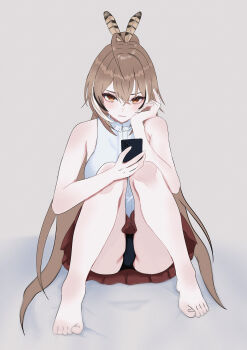 Rule 34 | 1girl, absurdres, barefoot, black panties, black streaks, brown eyes, brown hair, brown skirt, feather hair ornament, feathers, feet, hair ornament, highres, hololive, hololive english, jomizumi, knees up, long hair, nanashi mumei, panties, shirt, sitting, skirt, sleeveless, sleeveless shirt, solo, toes, underwear, virtual youtuber, white shirt, white streaks