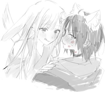 Rule 34 | 2girls, animal ears, blush, cho kaguya-hime!, choker, closed mouth, commentary, ear blush, fox ears, greyscale, hand on another's shoulder, highres, japanese clothes, kaguya (cho kaguya-hime!), kimono, licking lips, lipstick mark, lipstick mark on face, long hair, mobudeshi, mole, mole under eye, monochrome, multiple girls, rabbit ears, sakayori iroha, short hair, smile, spot color, tongue, tongue out, yuri