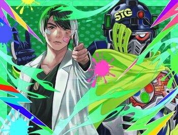 Rule 34 | 1boy, armor, bandaid, bandaid on face, black hair, black shirt, blue helmet, coat, green background, hanaya taiga, helmet, highres, holding, kamen rider, kamen rider ex-aid (series), kamen rider snipe, lab coat, male focus, multicolored hair, power armor, red eyes, rider gashat, sasakura34, shirt, two-tone hair, white coat, white hair