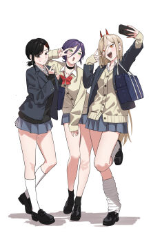 3girls absurdres arm_between_legs bag black_choker black_shirt black_shoes black_socks blonde_hair blush bow bowtie cellphone chainsaw_man choker collarbone cross-shaped_pupils demon_horns full_body green_eyes gyaru hair_between_eyes hair_ornament hairclip higashiyama_kobeni highres horns jacket layered_clothes leg_warmers loafers long_hair long_sleeves medium_hair miniskirt mole mole_on_leg moti1250 multiple_girls open_mouth orange_eyes phone pleated_skirt power_(chainsaw_man) red_bow red_bowtie red_horns red_nails reze_(chainsaw_man) school_bag school_uniform selfie shadow sharp_teeth shirt shoes single_sidelock skirt smartphone smile socks suit_jacket sweat sweater symbol-shaped_pupils teeth white_background white_leg_warmers white_shirt white_socks yellow_sweater