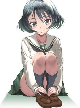 1girl absurdres black_hair blush closed_mouth collarbone commentary_request full_body girls_und_panzer grey_eyes highres kainushi looking_at_viewer ooarai_school_uniform school_uniform short_hair simple_background smile solo utsugi_yuuki white_background