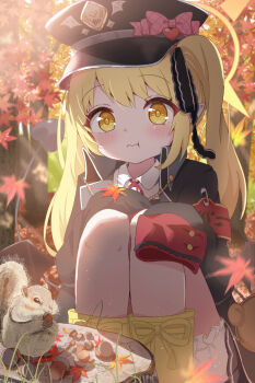 1girl autumn_leaves blonde_hair bloomers blue_archive demon_tail halo hat highres ibuki_(blue_archive) leaf long_hair mikumiku37 peaked_cap sleeves_past_fingers sleeves_past_wrists solo squirrel tail underwear white_bloomers yellow_eyes