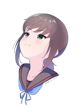 1girl absurdres anchor_print black_sailor_collar blue_neckerchief blush brown_hair collarbone commentary_request cropped_torso fubuki_(kancolle) fubuki_kai_ni_(kancolle) green_eyes highres kantai_collection long_hair looking_up low_ponytail neckerchief ponytail portrait sailor_collar sidelocks simple_background smile solo twitter_username white_background yoko_hata