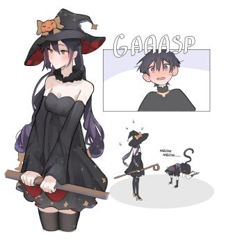 1boy 1girl all_fours animal_ears arm_at_side armor artwolfaja bare_shoulders black_dress black_eyes black_hair black_hat black_kimono black_shorts black_sleeves black_thighhighs blunt_ends blush bow breasts brown_bow cat_ears cat_tail cleavage clenched_hands closed_mouth collarbone detached_collar detached_sleeves dress eyeliner eyeshadow full-face_blush fur_collar gasp genshin_impact gold gold_footwear hair_between_eyes halloween halloween_costume han'eri hat hat_bow hat_ornament hetero high_heels highres holding holding_staff jack-o'-lantern_hat_ornament japanese_armor japanese_clothes jewelry kimono kote kurokote layered_kimono long_hair loose_hair_strand makeup mandarin_collar meowing mona_(genshin_impact) multicolored_hair neck_ring open_mouth pleated_skirt ponytail_holder pouch prostration purple_bag purple_eyes purple_hair purple_rope red_eyeliner red_eyeshadow red_hat red_kimono red_skirt rope scaramouche_(genshin_impact) shimenawa short_sleeves shorts sidelocks skirt split_mouth staff star_(symbol) star_hat_ornament star_print sweat sweatdrop tail thighhighs twintails two-sided_fabric two-sided_headwear two-sided_skirt two-tone_hair white_background white_rope wide-eyed witch_hat