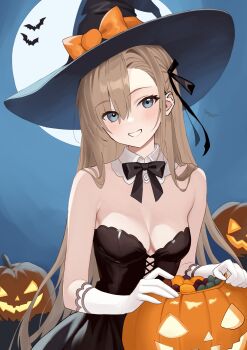 1girl absurdres alternate_costume asuna_(blue_archive) asymmetrical_bangs black_bow black_bowtie black_dress black_hat blonde_hair blue_archive blue_eyes blue_sky bow bowtie breasts collar commentary cowboy_shot detached_collar dress full_moon gloves grin halloween halloween_bucket hat hat_bow highres jack-o'-lantern long_hair looking_at_viewer medium_breasts moon night orange_bow outdoors shinomi_(pixiv45311197) simple_bat sky smile solo standing straight_hair strapless strapless_dress very_long_hair white_collar white_gloves witch_hat