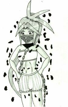 Rule 34 | 1girl, absurdres, armpits, artist request, bloomers, blush, bodysuit, bra, breasts, capcom, chain, clenched hands, collarbone, delinquent, embarrassed, female focus, hands on own hips, highres, zaki (justice gakuen), humiliation, justice gakuen, legs, legs together, long hair, looking down, mask, medium breasts, midriff, moero! justice gakuen, monochrome, mouth mask, navel, neck, panties, parted bangs, ponytail, purple eyes, red hair, sidelocks, simple background, standing, strapless, strapless bra, striped clothes, striped panties, thighs, torn bodysuit, torn clothes, traditional media, tsundere, underwear, underwear only, very long hair, wardrobe malfunction, white background