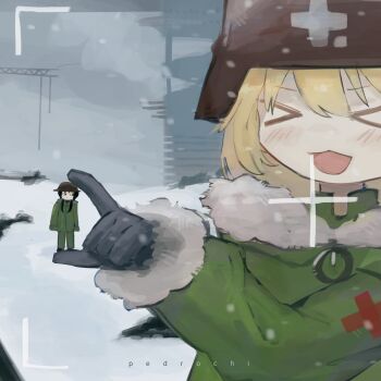 >_< 2girls artist_name black_eyes black_gloves black_hair blonde_hair blush brodie_helmet camera_view chito_(shoujo_shuumatsu_ryokou) cloud cloudy_sky coat combat_helmet cross fur_trim gloves green_coat green_pants grey_sky hair_between_eyes helmet highres low_twintails multiple_girls optical_illusion outdoors pants pedrochi red_cross ruins shoujo_shuumatsu_ryokou sky snow stahlhelm twintails winter yuuri_(shoujo_shuumatsu_ryokou)