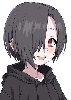 1girl alternate_hair_color black_hair black_hoodie child commentary drawstring earclip fangs hair_over_one_eye halulu highres hood hood_down hoodie idolmaster idolmaster_cinderella_girls looking_at_viewer one_eye_covered open_mouth piercing portrait red_eyes shirasaka_koume short_hair simple_background smile solo tareme tongue_piercing white_background