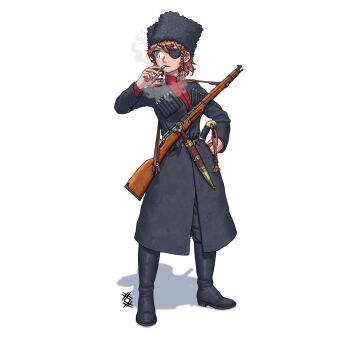1girl black_boots bolt_action boots braid brown_hair chokha cigarette cossack dagger eyepatch fur_hat gazyr green_eyes gun hat highres holding holding_cigarette kindjal knee_boots knife looking_to_the_side medium_hair mosin-nagant non-web_source officer ostwindprojekt papakha red_tunic rifle russia russian_civil_war russian_text serious shashka shoulder_boards single_braid tunic weapon white_background