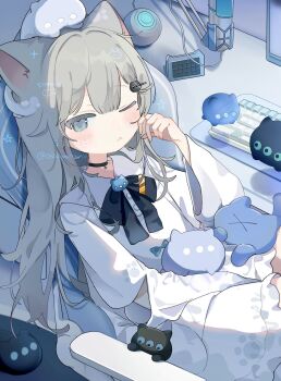 Rule 34 | 1girl, animal ear fluff, animal ears, arm cutout, black choker, black ribbon, blue eyes, blue ribbon, blush, brooch, cat brooch, cat girl, choker, closed mouth, clothing cutout, computer keyboard, creature on head, dot nose, dress, grey hair, hair between eyes, hair ornament, hand on own cheek, hand on own face, hennyano (nachoneko), highres, indie virtual youtuber, jewelry, leaning back, long hair, long sleeves, looking at viewer, ma ru o, microphone, monitor, nachoneko, one eye closed, paw print, ribbon, sample watermark, sitting, sleepy, solo, tail, tenshi kaiwai, upper body, virtual youtuber, watermark, white dress