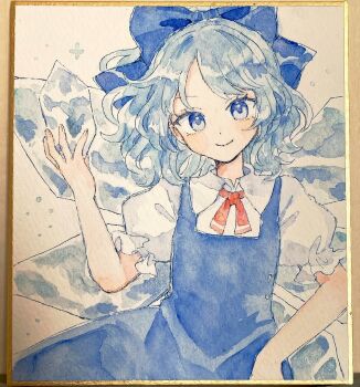 Rule 34 | 1girl, blue bow, blue dress, blue eyes, blue hair, bow, cirno, closed mouth, collared shirt, commentary request, dress, hair bow, highres, ice, ice wings, looking at viewer, mozukuzu (manukedori), neck ribbon, pinafore dress, red ribbon, ribbon, shirt, short hair, short sleeves, sleeveless, sleeveless dress, smile, solo, touhou, traditional media, white background, white shirt, wings