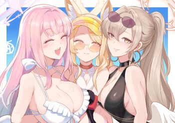 3girls above-cleavage_cutout angel_wings animal_ears aviator_sunglasses backless_outfit bikini black_one-piece_swimsuit blonde_hair blue_archive blush breasts brown-tinted_eyewear cleavage closed_eyes clothing_cutout commentary diamond_cutout english_commentary eyewear_on_head feathered_wings fox_ears fox_girl frilled_bikini frills halo halterneck jacket large_breasts long_hair looking_at_viewer microphone mika_(blue_archive) mika_(swimsuit)_(blue_archive) multiple_girls nagisa_(blue_archive) nagisa_(swimsuit)_(blue_archive) official_alternate_costume official_alternate_hairstyle one-piece_swimsuit orange-tinted_eyewear pink_hair pink_halo ponytail revolverwing seia_(blue_archive) seia_(swimsuit)_(blue_archive) sunglasses swimsuit tea_party_(blue_archive) tinted_eyewear visor_cap white_bikini white_one-piece_swimsuit white_wings wings yellow_halo yellow_jacket yellow_visor